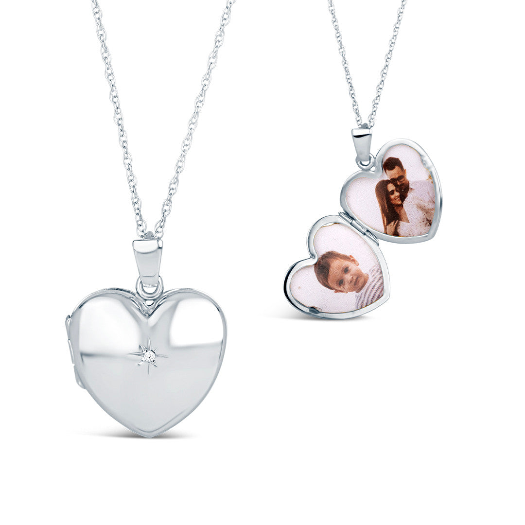 solid white gold diamond heart locket with view of inside and outside of locket