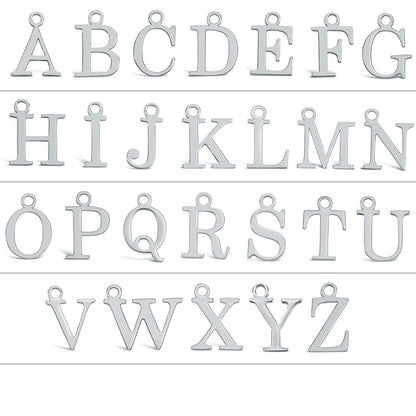 grid of silver  initial charms on a white background