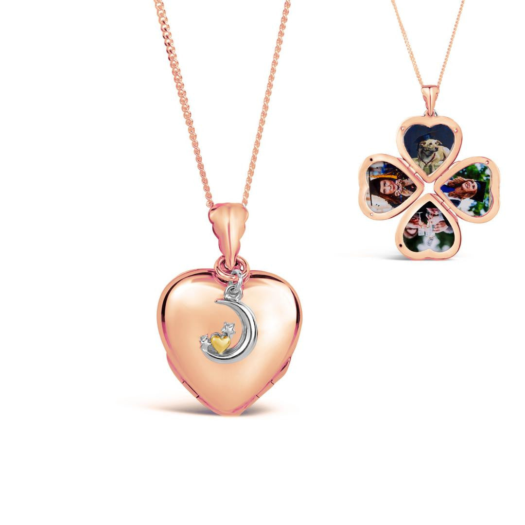 Lily Blanche rose gold heart shaped locket necklace with moon charm, shown open and closed