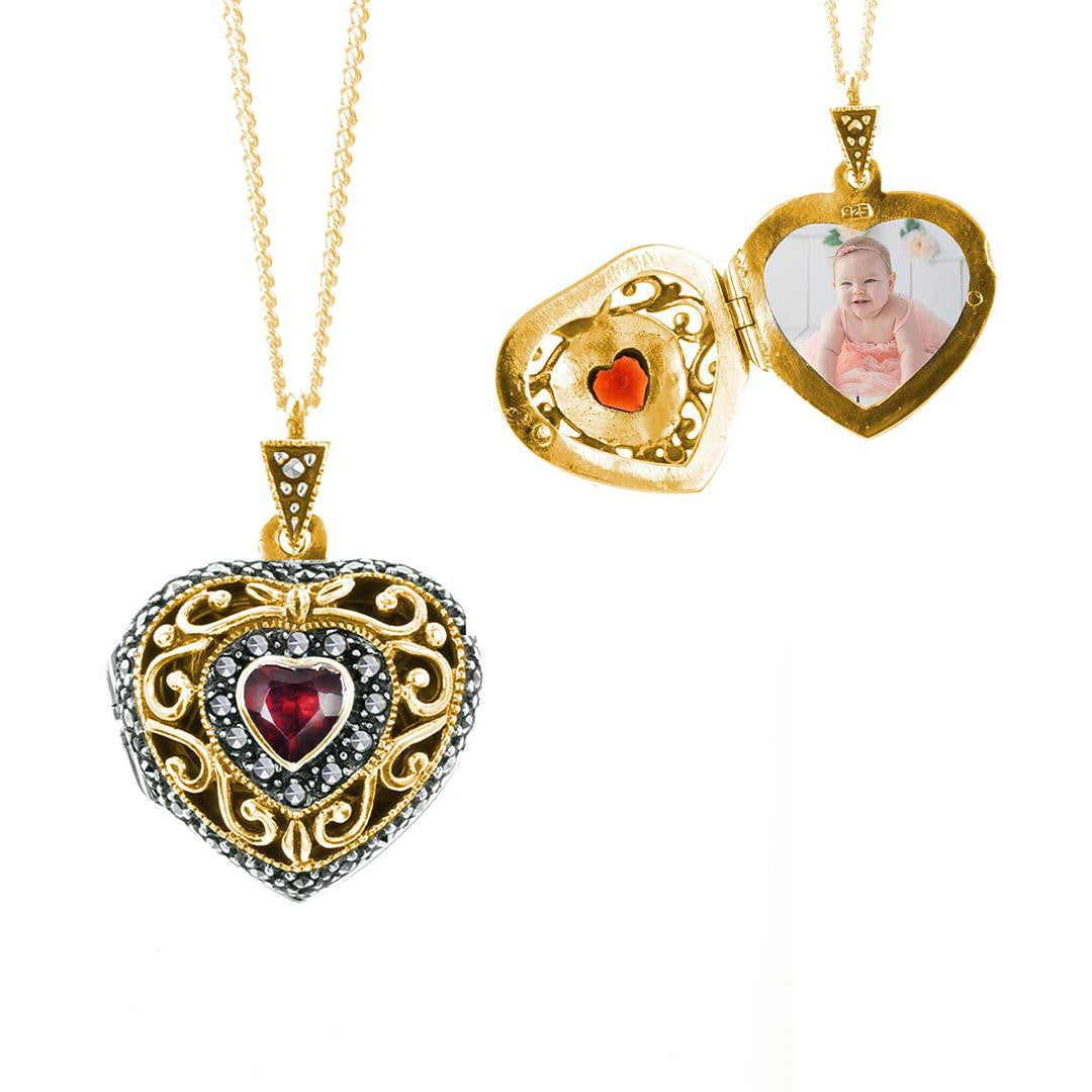 Lily Blanche gold vintage heart locket with garnet gemstone and photo