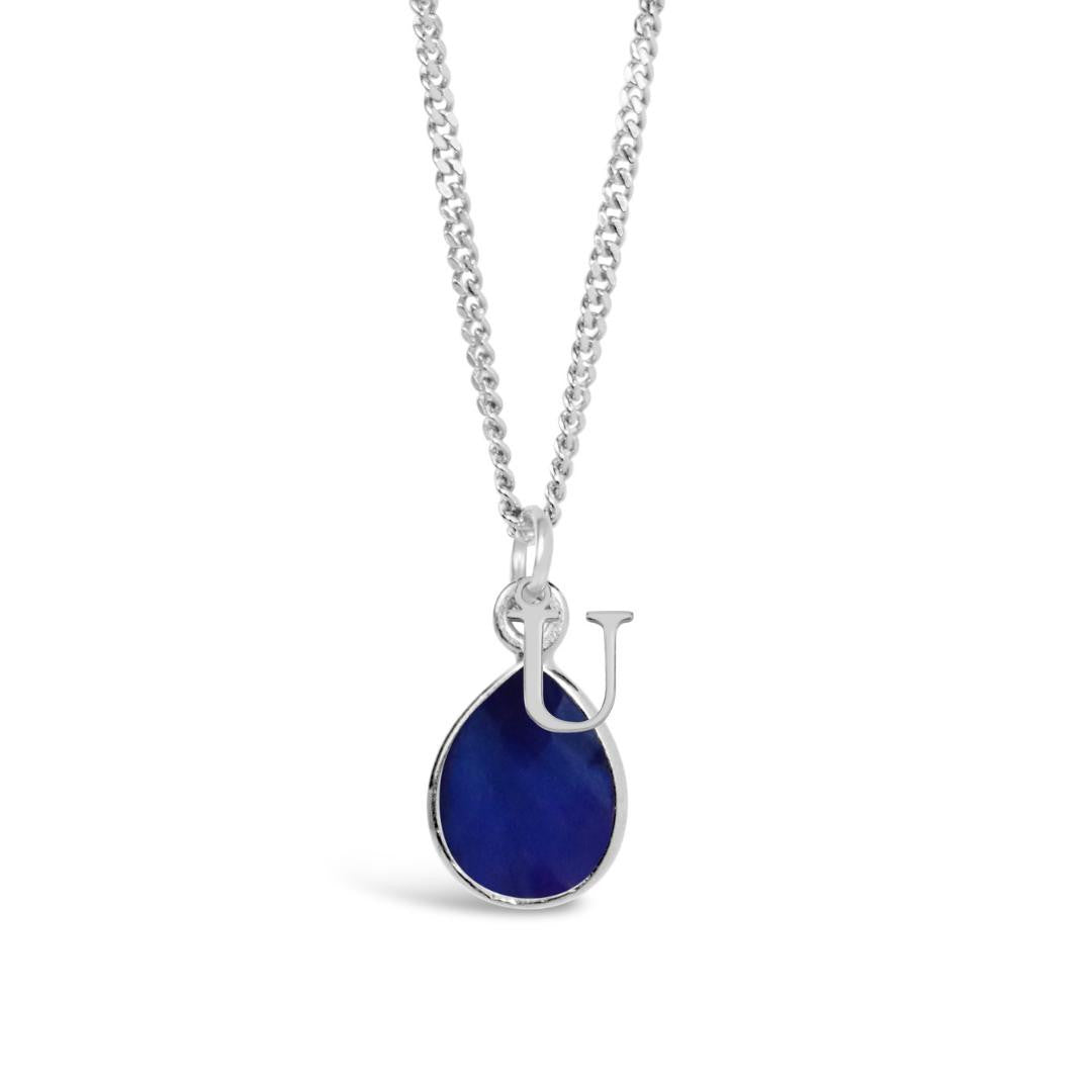 sapphire charm necklace in silver with initial charm in silver