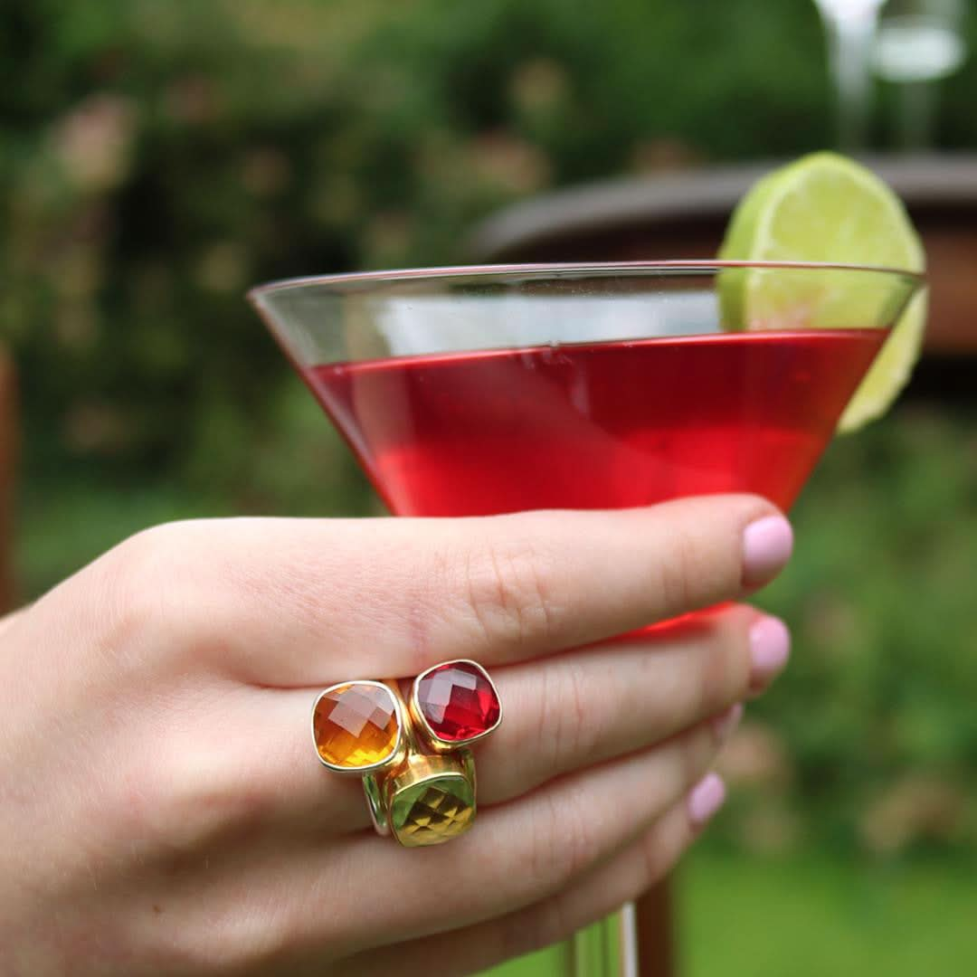 model wearing citrine cocktail ring in rose gold