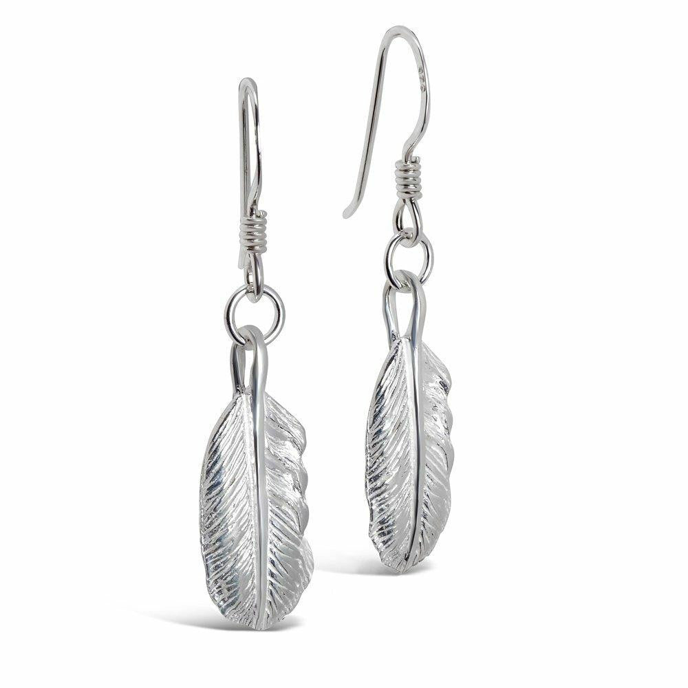 feather earrings in silver on a white background