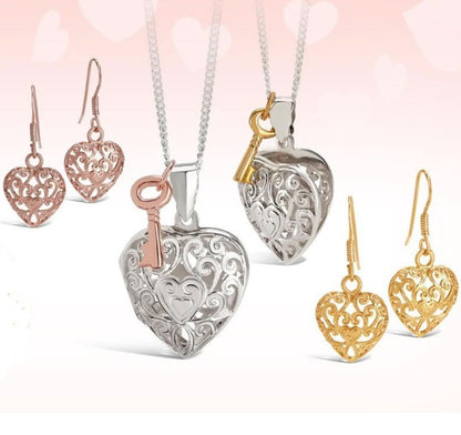 collection of heart shaped jewellery on a white background