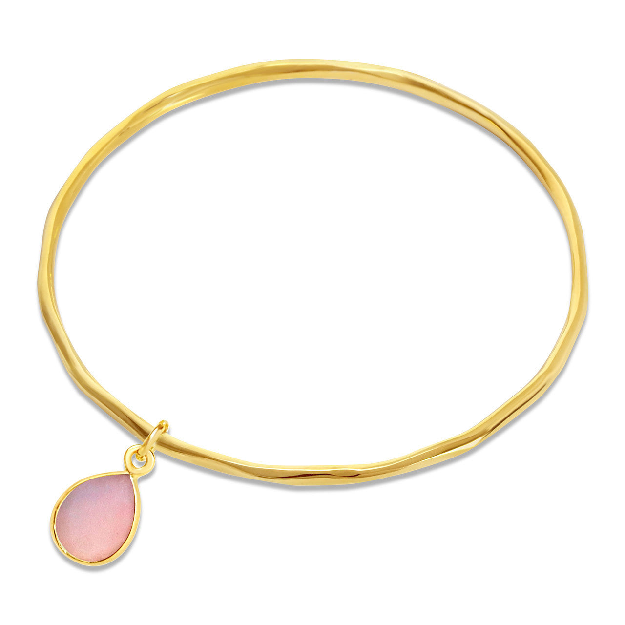 pink opal charm bangle in gold on a white background