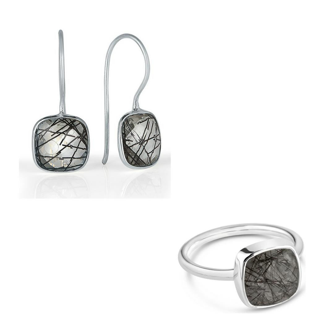 rutilated quartz earrings in silver with matching ring on a white background