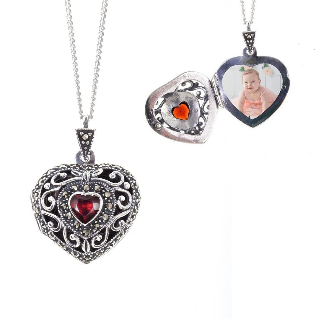 Lily Blanche silver vintage heart locket with garnet gemstone and photos