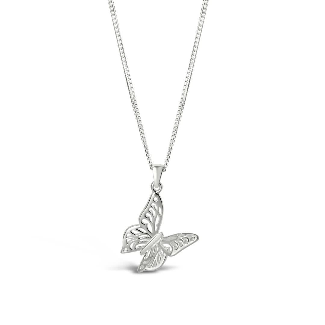 butterfly pendant in silver with a chain on a white background