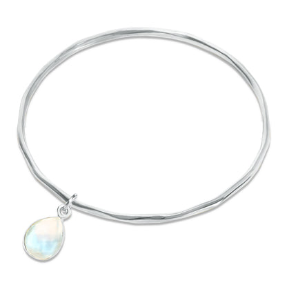 silver moonstone charm bangle on a white background