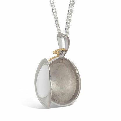 opened feather locket in silver on a white background