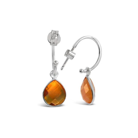 citrine drop hoop earrings in silver on a white background