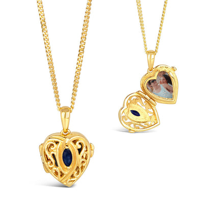 sapphire heart locket in gold with opened and closed view on a white background