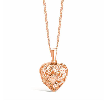 heart locket necklace in rose gold on a white background