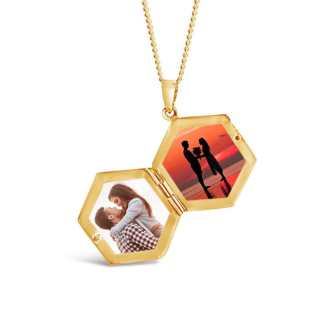 men's hexagon locket in gold with photos inside on a white background 