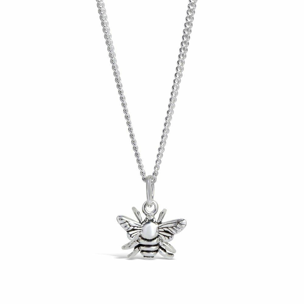 bee pendant in silver with a chain on a white background