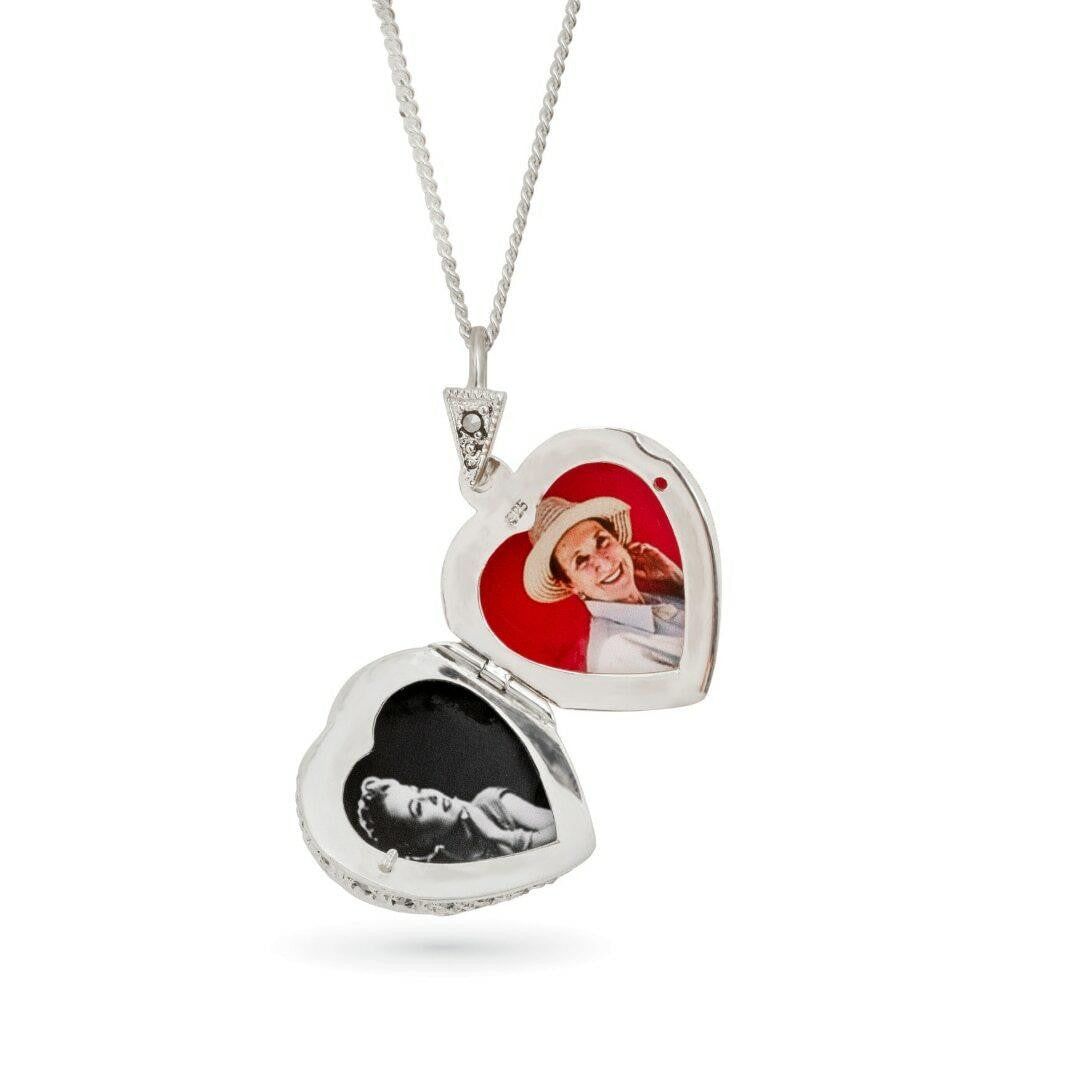 Lily Blanche white gold vintage heart locket with garnet gemstone with photos