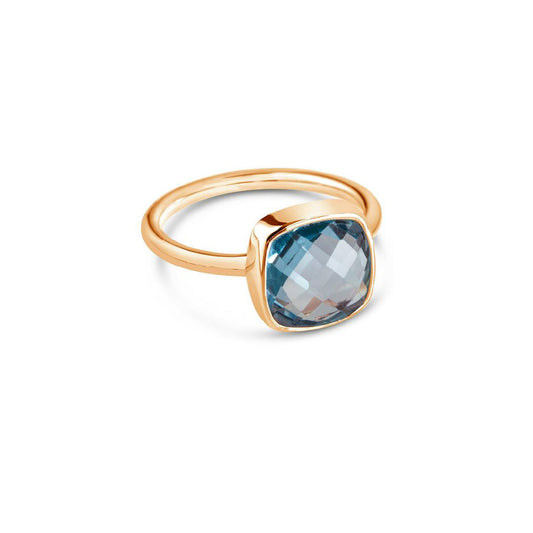 blue topaz cocktail ring in rose gold on a white background