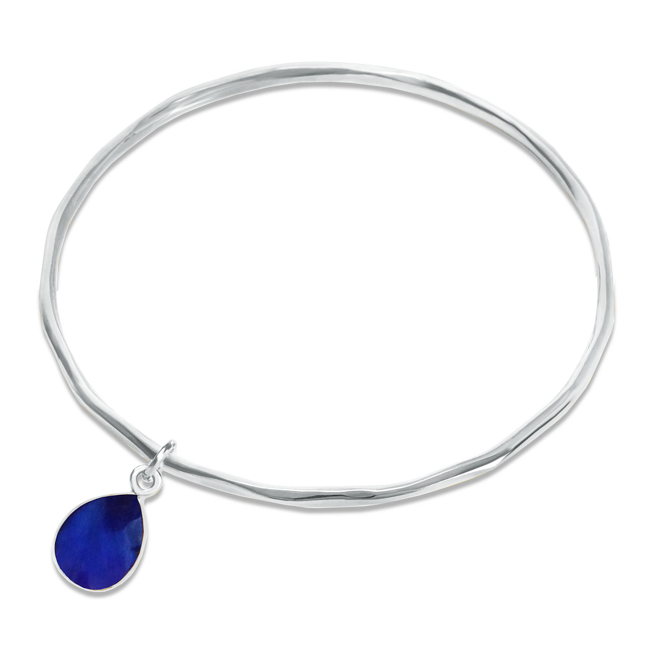 sapphire charm bangle in silver on a white background