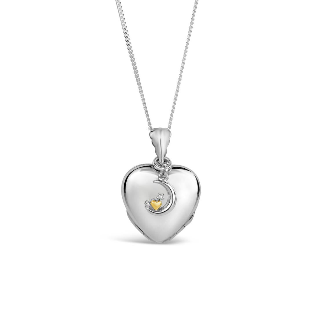 Lily Blanche white gold heart shaped locket with moon charm