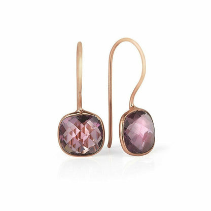 purple amethyst earrings in rose gold on a white background