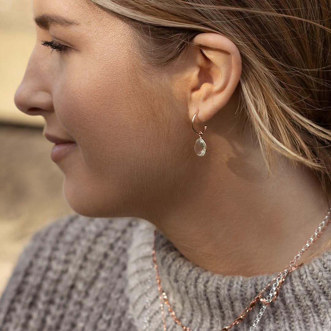 White Quartz Drop Hoop Earrings | Rose Gold - April