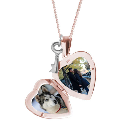 opened key locket in rose gold with family photos inside