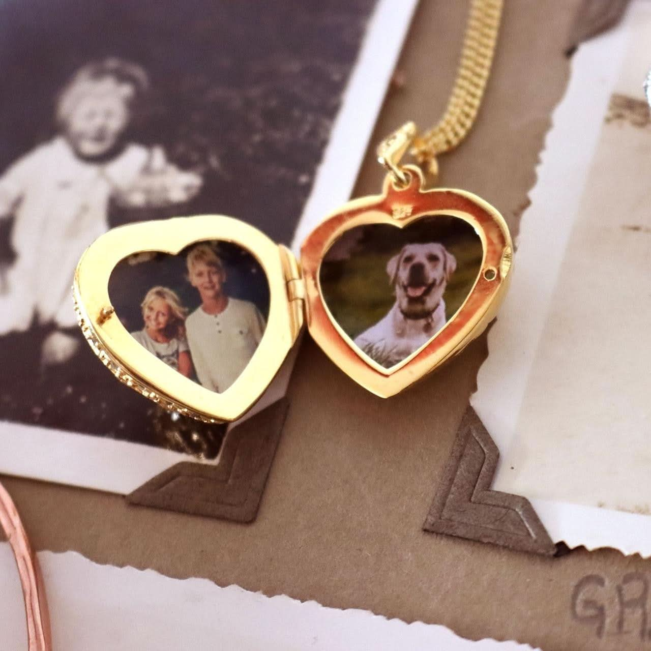 Lily Blanche gold vintage heart locket with topaz gemstone and photos