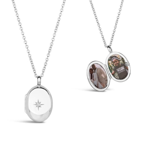 Silver Small Oval Diamond Locket + Photos