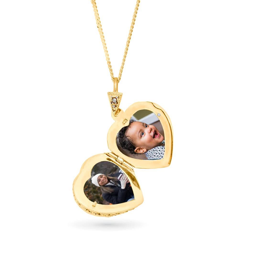 Custom gold heart locket necklace with photo inserts of child and woman, open to reveal two pictures