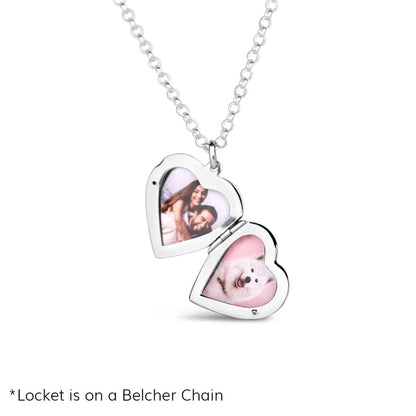 opened large two photo heart locket in silver with photos inside